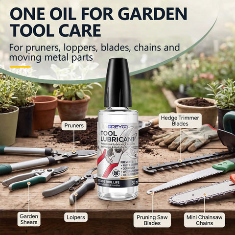 Pruner Lubricant For Garden Tools, Hedge Trimmer Oil For Blades, Pruning Shears Oil, Keeps Pivot Joints Smooth And Slick, Reduces Friction, Protects Exposed Metal, 1 Fl Oz bottle on garden tools workbench