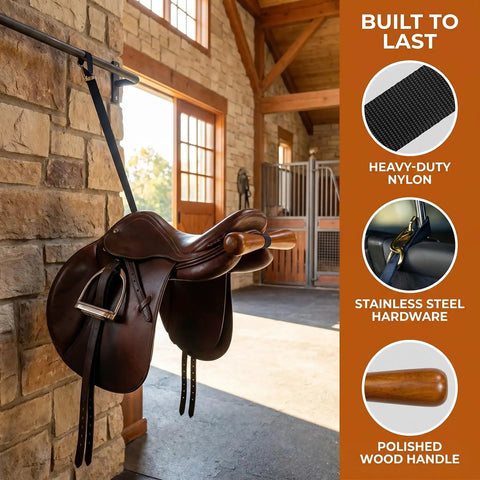 Portable Saddle T Hanger For Car And Trailer Heavy Duty Headrest Saddle Rack Organizer showing leather saddle in stable