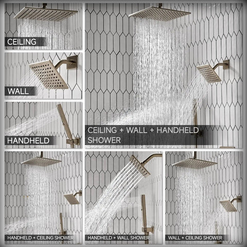 Lava Odoro Square Rain Shower Faucet Set, Button Diverter Shower Faucet with 3 in 1 Handheld, Ceiling Mount Rainfall Shower System with 2 Shower Head, Valve Trim Kit, 12 Inch showing multiple shower head angles.