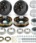 Trailer electric brake kit: two 5-lug 4.5 in bolt circle brake drums with 10 in x 2-1/4 in self-adjusting brakes.