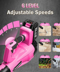 Pink 21V Cordless Leaf Blower With Six Speed Levels, Lightweight Handheld Power Tool Set, adjustment settings displayed