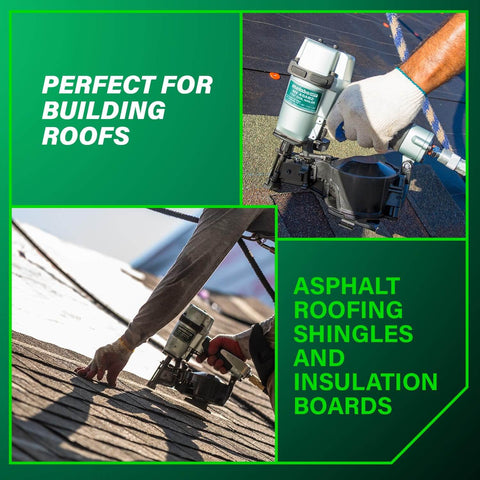 Pro-Grade Pneumatic Roofing Nailer For Asphalt Shingles, Heavy Duty Workhorse That Drives Up To 10 Nails Per Second, 70 To 120 PSI For Consistent Power, 16 Degree Tool Accepts 7/8 To 1-3/4 Inch Roofing Nails, Built For Fast, Durable Shingle Installations in use on roof.