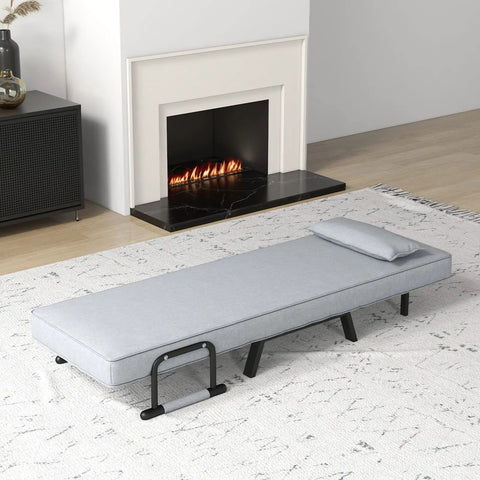 4-In-1 Convertible Sofa Bed Sleeper Chair With 6-Position Adjustable Backrest, Pillow, Metal Legs, Linen Upholstery, Gray reclined