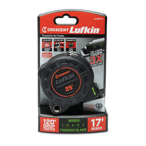 Shockforce G2 25 Foot Nite Eye Magnetic Tape Measure in packaging with tough coating and green markings.