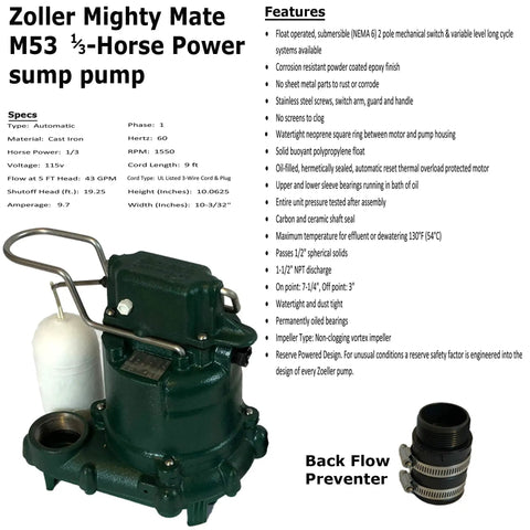 Zoller Mighty Mate M53 1/3-Horse Power sump pump, cast iron, automatic, featuring watertight design and backflow preventer.