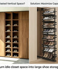 Smooth Glide Vertical Pull Out Shoe Rack For Closet And Cabinet, Sliding Under Stair Kick Locker, Tight Fit Hero For Daily Sneakers, Height Adjustable 15 Tier Telescopic System, Zero Fuss Setup displayed in a closet.