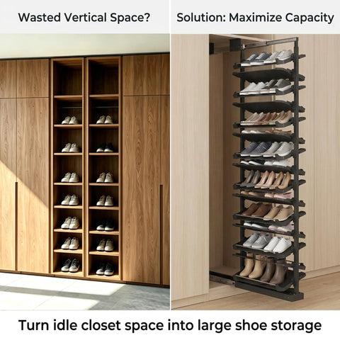 Smooth Glide Vertical Pull Out Shoe Rack For Closet And Cabinet, Sliding Under Stair Kick Locker, Tight Fit Hero For Daily Sneakers, Height Adjustable 15 Tier Telescopic System, Zero Fuss Setup displayed in a closet.