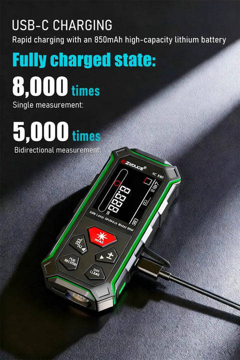 Pro Grade Dual Laser Measuring Tool ZC SG60 with Green Laser 393 Feet Bidirectional Range 196 Feet Unidirectional One Sixteenth Inch Accuracy Readings Time Saving Distance Meter for DIY Construction and Contract Jobs USB-C charging view
