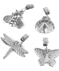 Silver tablecloth weights with metal clip clamps featuring insect designs, part of the Eight Pack Tablecloth Weights With Metal Clip Clamps For Outdoor Garden Parties And Picnic Tables Keep Covers In Place Windproof No Slip And Rust Resistant Heavy Duty Secure Fit For Any Tablecloth.