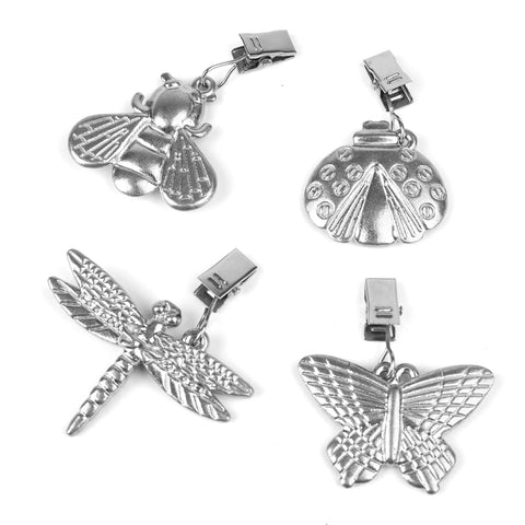 Silver tablecloth weights with metal clip clamps featuring insect designs, part of the Eight Pack Tablecloth Weights With Metal Clip Clamps For Outdoor Garden Parties And Picnic Tables Keep Covers In Place Windproof No Slip And Rust Resistant Heavy Duty Secure Fit For Any Tablecloth.