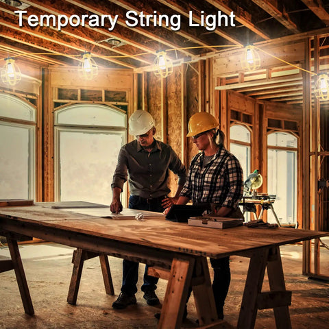 Rugged 100 Ft Construction String Lights With 11 Bulbs, 100W, lighting indoor workshop with workers reviewing plans