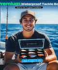 Smiling man holding Waterproof Fishing Tackle Box Organizer With 21 Adjustable And Removable Dividers on a boat