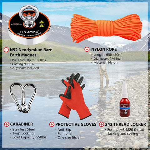 1000 Lb Pulling Force Magnet Fishing Kit With Rope For River Treasure Hunting And Waterway Hauls, components including magnet, rope, and gloves
