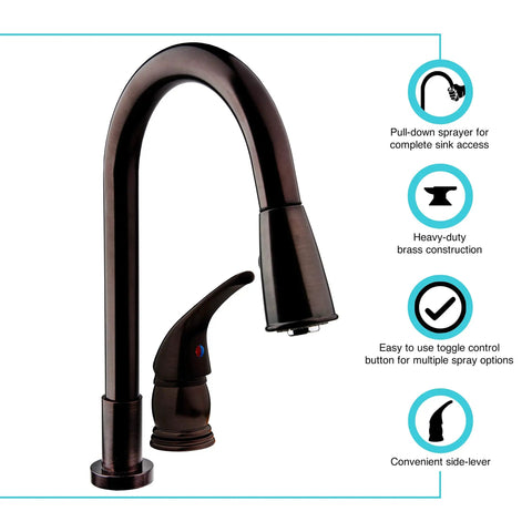 RV Pull Down Kitchen Sink Faucet With Side Lever Handle, High Arc Gooseneck Spout, Heavy Duty Brass, Venetian Bronze Finish