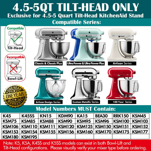 Stainless Steel Paddle Flat Beater compatibility chart for 4.5 to 5 quart tilt-head stand mixers from various series.