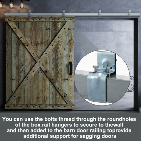 4 Pack Barn Door Rail Brackets With Bolts Heavy Duty Exterior Box Hanger Hardware Galvanized Steel Splice Bracket For Easy Rail Mounting No Welding Needed Durable Sliding Door Support Kit installed view
