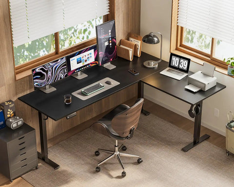 63 Inch Reversible L Shaped Electric Standing Desk Height Adjustable Corner Desk For Home Office Ergonomic Workstation in black