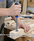 Using Solid Wood Rasp File Set Including Flat Half Round And Round Tool Heads for shaping wood, featuring a rubber coated handle.