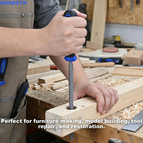 Using Solid Wood Rasp File Set Including Flat Half Round And Round Tool Heads for shaping wood, featuring a rubber coated handle.
