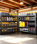 6000 Lbs Heavy Duty Metal Garage Shelving Unit 4 Tier Adjustable Storage Racks filled with tools and bins in a garage setting.