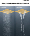 Premium 20 Inch Bathroom Shower System With Built In Bluetooth Speaker And 64 Color Led Mood Lights Brushed Gold Overhead Rainfall Head in rainfall and waterfall modes.