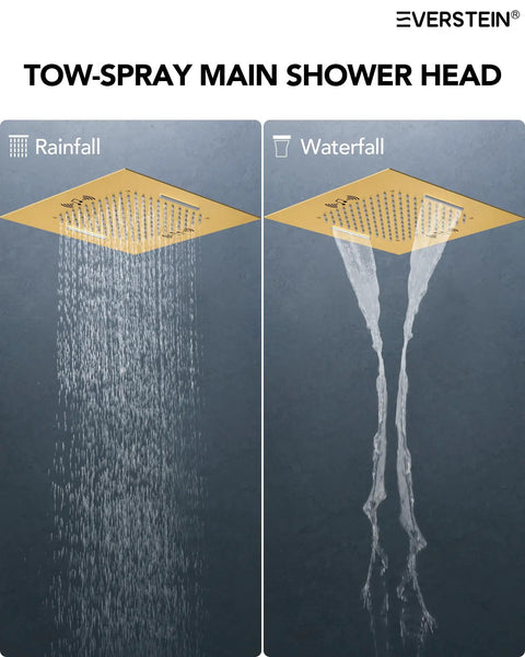 Premium 20 Inch Bathroom Shower System With Built In Bluetooth Speaker And 64 Color Led Mood Lights Brushed Gold Overhead Rainfall Head in rainfall and waterfall modes.