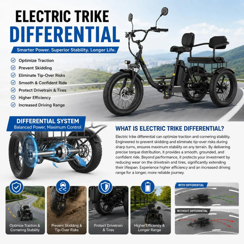 All Terrain Electric Tricycle for Adults with Fat 20 Inch Tires, 864Wh Removable Battery, 15.5 MPH Three Wheel Ebike for Seniors, LCD Display, Rear Differential, and Handy Rear Seat Basket in Blue showing differential system