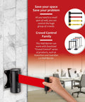 Wall mount retractable belt barrier with 9.2 ft red belt in sturdy black casing for indoor and outdoor crowd control.