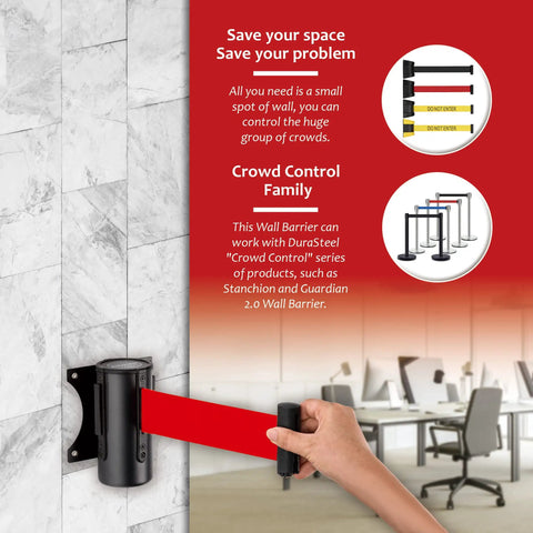 Wall mount retractable belt barrier with 9.2 ft red belt in sturdy black casing for indoor and outdoor crowd control.