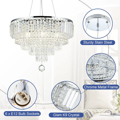 Glam Crystal Chandelier Pendant Light, 19.7 Inch Teardrop Crystal Drops, 6 Lights, Convertible from Hanging Pendant to Semi Flush Mount
