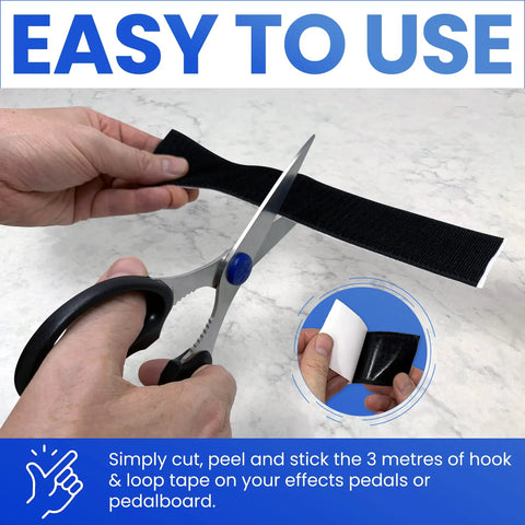 Grip Kit For Pedalboards With 10 Feet Of Heavy Duty Hook And Loop Tape And 6 Reusable Cable Ties being cut with scissors
