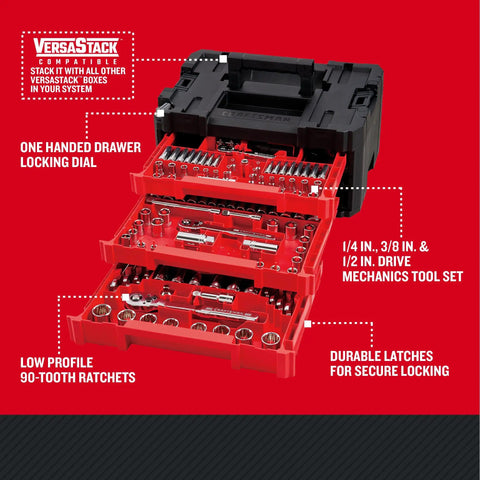 262 Piece Mechanic Tool Set In Versastack 3 Drawer Box With SAE And Metric Sockets Car And Motorcycle Tool Kit open drawers view