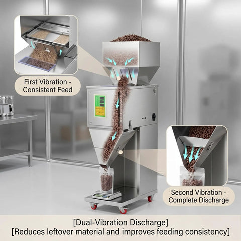 No Sweat Precision Granule Filling Machine With Heavy Duty Stainless Steel Build showing dual vibration discharge for coffee beans.