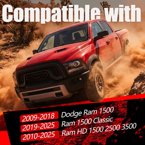 Red Dodge Ram truck driving off-road, showing compatible years and models for Tailgate Assist Shock Damper For Dodge Ram 1500 2009 2018 Ram 1500 Classic 2019 2024 And Ram HD 1500 2500 3500 2010 2024 Soft Open Hydraulic Tailgate Helper With Hardware.