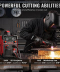 Worker using Plasma Cutter STC550P 55 Amp Pilot Arc Dual Voltage 110 And 220V with LED display in workshop