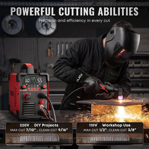 Worker using Plasma Cutter STC550P 55 Amp Pilot Arc Dual Voltage 110 And 220V with LED display in workshop
