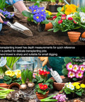 All In One 30 Piece Stainless Steel Garden Tool Set With Non Slip Ergonomic Handles And Vintage Floral Tote Bag shown with trowel and transplanter in use.