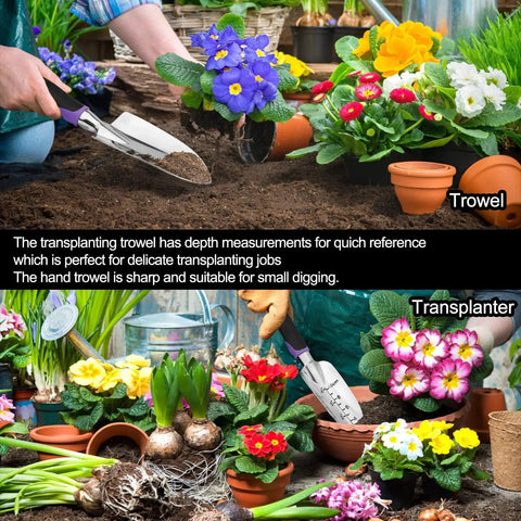 All In One 30 Piece Stainless Steel Garden Tool Set With Non Slip Ergonomic Handles And Vintage Floral Tote Bag shown with trowel and transplanter in use.