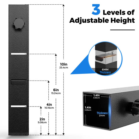 Heavy Duty Square Folding Table Leg Extenders With Three Level Adjustable Table Leg Risers shown with height options and dimensions.