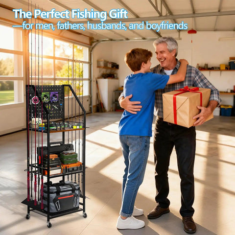 Heavy Duty Fishing Rod Storage Rack For Garage Organization Holds Up To 12 Rods With Pegboard And Hooks beside two people