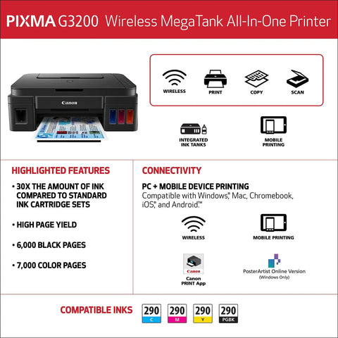Wireless Supertank All In One Printer With Copier And Scanner Delivers Flawless Mobile Printing And Huge Refillable Ink Tanks. Front view with integrated ink tanks.