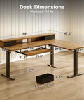Rustic Brown 59 Inch L Shaped Electric Standing Desk With Drawers, dimensions showing height adjustment and layout details.