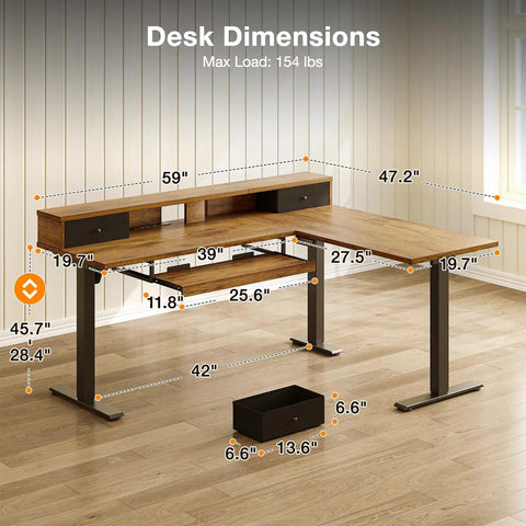 Rustic Brown 59 Inch L Shaped Electric Standing Desk With Drawers, dimensions showing height adjustment and layout details.