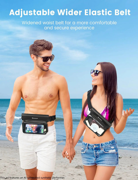 Couple on beach wearing Triple Seal IPX8 Waterproof Fanny Pack with Touch Screen Dry Bag for kayaking and water sports