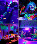 Collage of vibrant neon-lit party scenes with glowing decorations, painted faces, and colorful props under blacklight.