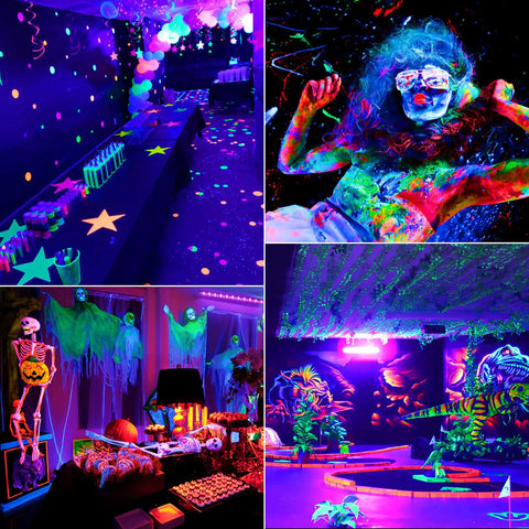 Collage of vibrant neon-lit party scenes with glowing decorations, painted faces, and colorful props under blacklight.