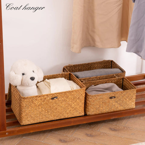 Real Deal Natural Seagrass Wicker Storage Baskets Set Of Three Hand Woven Shelf Organizers With Secure Lids For Closet Living Room Organization Eco Friendly Home Decor
