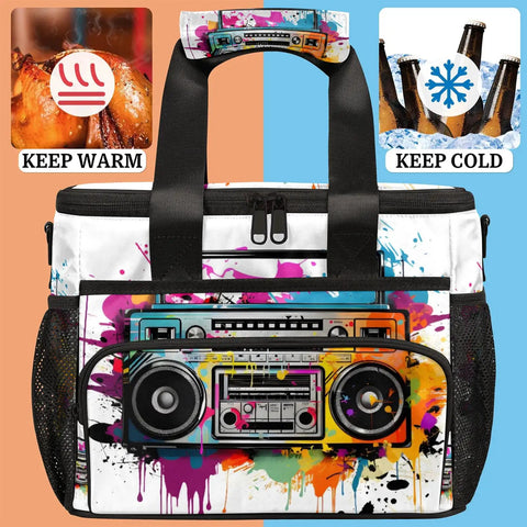Insulated Picnic Backpack With Big 12x8.7x10in Lunch Tote Keeps Your Grub Fresh On The Go with colorful boombox design on front