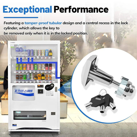 Heavy Duty Aluminum Alloy Vending Machine Lock With Keys And T Handle For Candy Snack Soda Machines Chrome Plated Surface Rust Resistant Tamper Proof Tubular Design With Central Receiver Durable Industrial Grade Lock Kit displayed next to a vending machine.