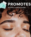 Eyelid cleanser wipes, three MediViz teal sachets, close-up of a person with eyes closed.